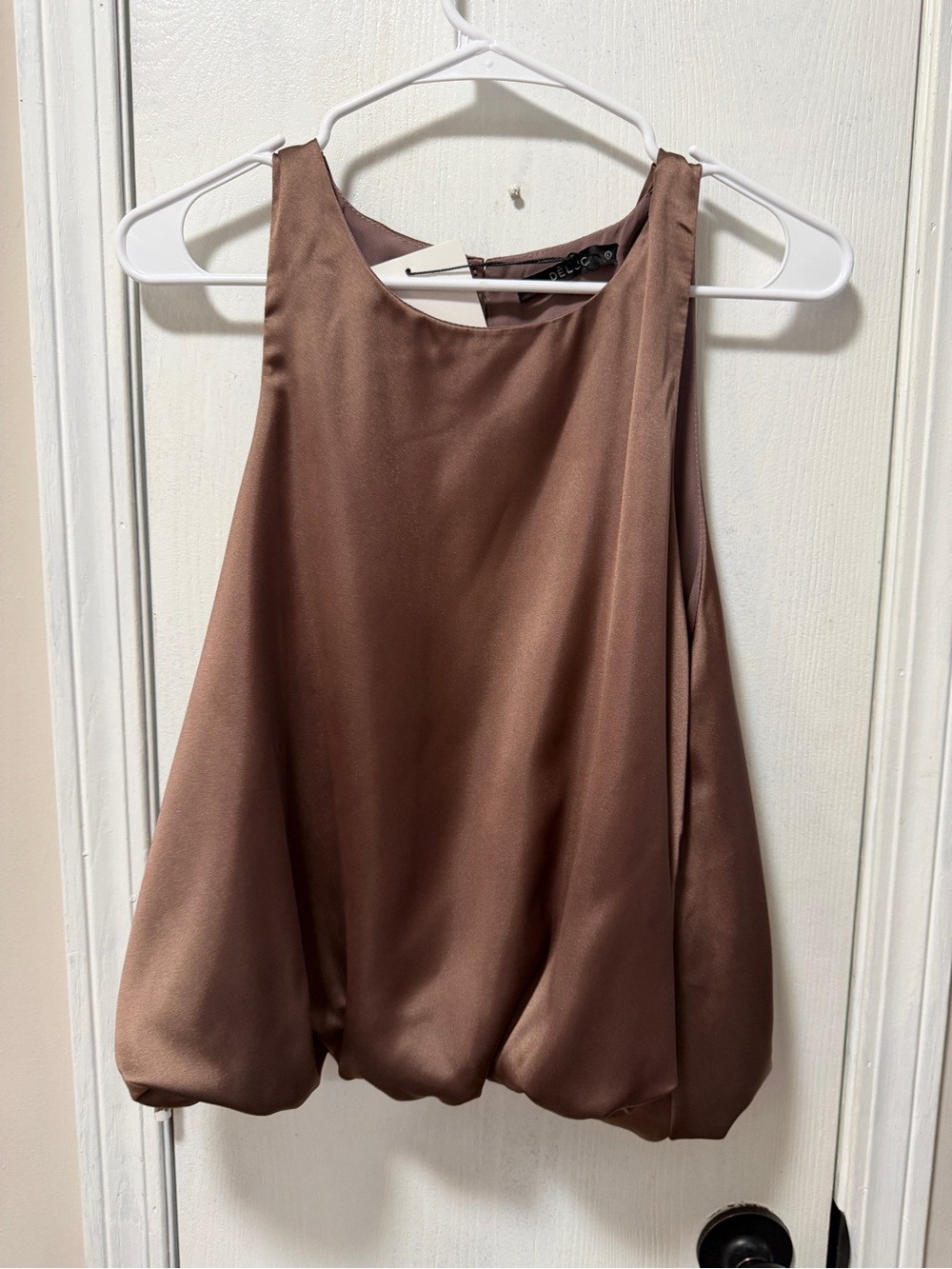 Deluc Sleek Satin Brown bubble hem Women's Top NWT
